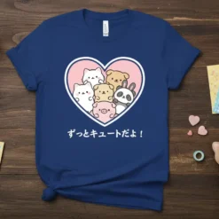 ずっとキュートだよ！ text with a heart graphic filled with cute cats, dogs, a pig, and a panda on a navy t-shirt
