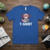 Cute pink axolotl wearing glasses and holding books, with "T-SHIRT" text below, on a royal blue t-shirt