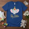 Big Sister elephant t-shirt with floral crown and party hat, featuring gold glitter text