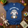 Cute Bunny Love text with a cartoon grey bunny sitting on a blue t-shirt