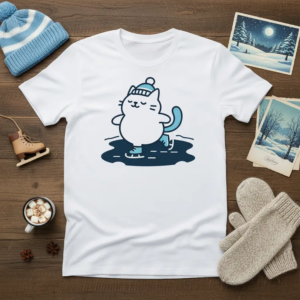 Cat Ice Skating unique artwork printed on soft premium material creating a standout t-shirt