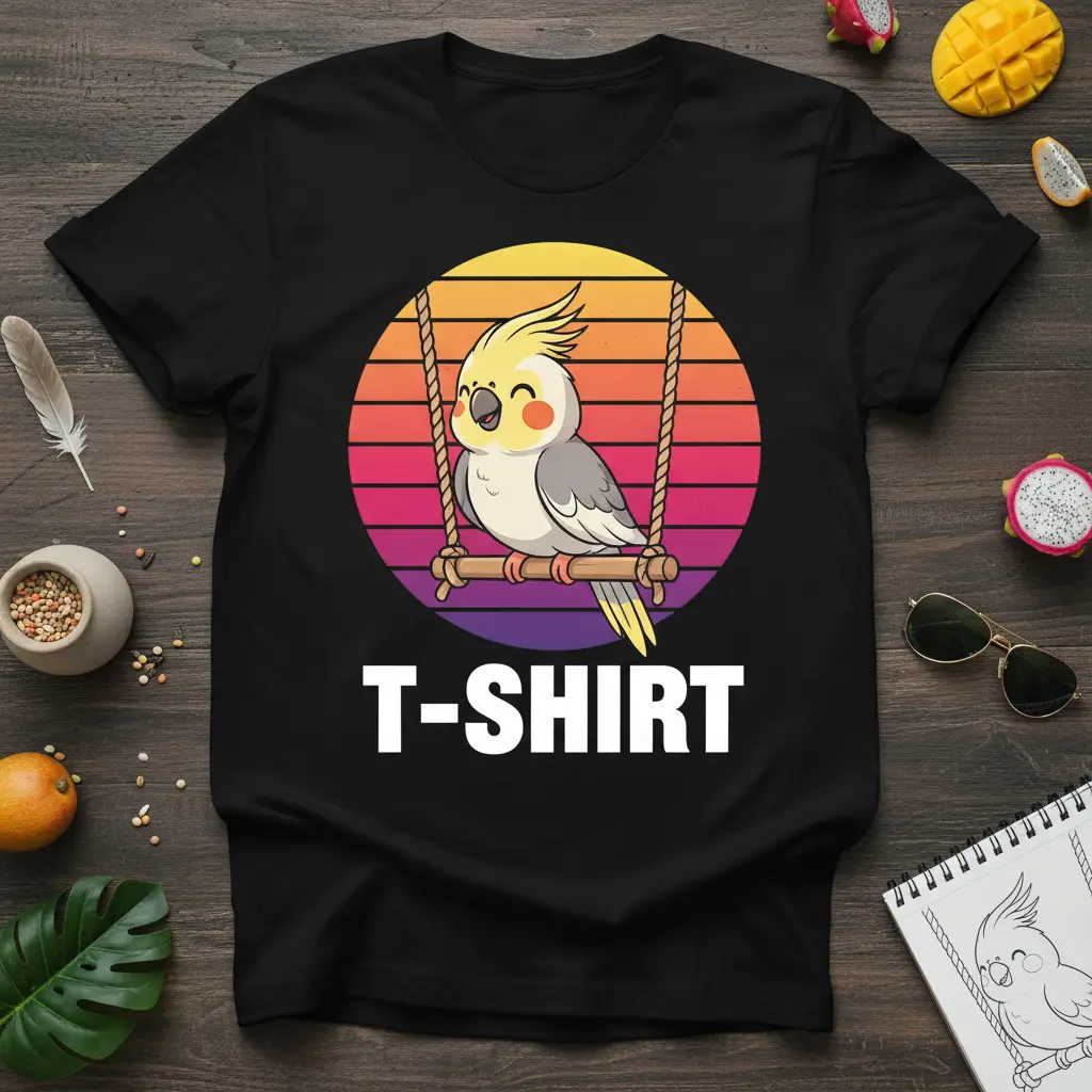 Cute cockatiel on a swing with a sunset design, T-SHIRT text visible on black tee