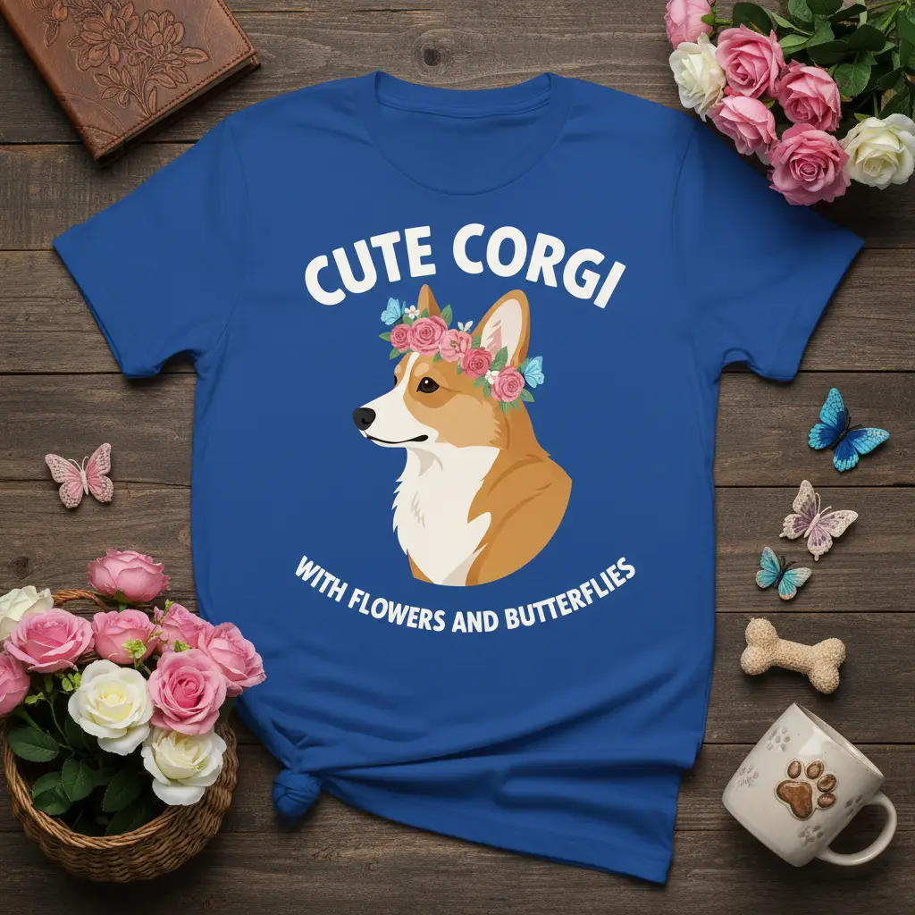 Cute Corgi With Flowers And Butterflies design on a blue t-shirt with floral and butterfly accents