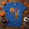 Halloween LOVE t-shirt design with a pumpkin, bat, and ghost graphic, featuring spooky autumn elements