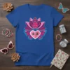Cute Heart Butterfly Lotus graphic tee with pink heart, butterfly wings, and a vibrant lotus flower design