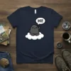 Cute grey character sitting on a cloud saying "HI!" in a speech bubble, navy blue t-shirt design
