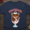 Cute kawaii bear character wearing a cherry on top of a milkshake, with the text MILKSHAKE above it, on a
