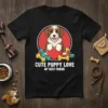 Cute Puppy Love My Best Friend text with cartoon dog holding a heart, surrounded by bones on a black t-shirt