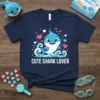 Cute Shark Lover t-shirt with a smiling baby shark illustration surrounded by hearts and waves, white text reads "CUTE SHARK