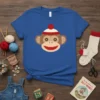 Sock monkey face graphic t-shirt with a red and white striped hat, featuring stitched eyes and mouth