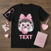 Black t-shirt with "TEXT" in pink, featuring a cute hedgehog with pink glasses and a pink bow blowing bubblegum
