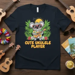 Cute Ukulele Player t-shirt design with a koala playing a ukulele, wearing sunglasses and a Hawaiian shirt