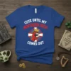 Royal blue t-shirt with "Cute Until My Northern Irish Comes Out" text and a graphic of a fist wearing a