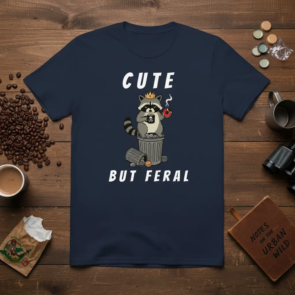 Cute But Feral raccoon t-shirt with crown and donut, perfect for trash panda enthusiasts