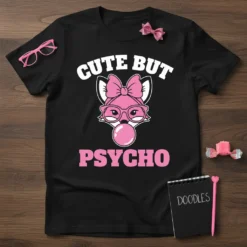 Black t-shirt with "CUTE BUT PSYCHO" text and a cartoon fox blowing bubblegum, wearing glasses and a pink bow