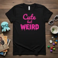 Black t-shirt with pink dripping text "Cute but WEIRD" graphic design, ideal for expressing a quirky personality