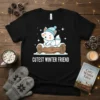 Cutest Winter Friend t-shirt design with a cute arctic fox sitting on a log, wearing a winter hat