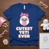 Cutest Yeti Ever t-shirt design featuring a white yeti with a pink bow blowing pink bubble gum