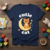 Cutie Cat T-Shirt featuring a cute orange tabby cat sitting on a crescent moon surrounded by stars. Text reads "cutie