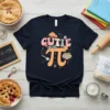 Cutie Pi t-shirt design featuring colorful wavy text and the Greek letter Pi with math symbols and pie slice