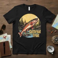 Cutthroat Trout T-Shirt featuring a vibrant fish graphic and nature scene, perfect for fishing enthusiasts