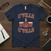 Navy t-shirt with red and white "C'VILLE C'VILLE" text and a brick building graphic in the center