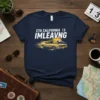 Navy blue t-shirt with white text "CYA CALIFORNIA 13 IMLEAVNG" and a yellow vintage car driving past mountains under a