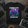 Black t-shirt featuring "Cyber City Soundscape" text and a neon-lit futuristic cityscape graphic with headphones