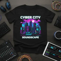 Black t-shirt featuring "Cyber City Soundscape" text and a neon-lit futuristic cityscape graphic with headphones