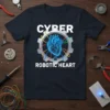 Cyber Robotic Heart T-Shirt design featuring a glowing mechanical heart with wires and a circuit board, with text "CYBER ROBOTIC