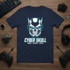 Cyber Skull Reboot Destroy Repeat t-shirt with a futuristic cybernetic skull graphic and blue glowing eyes