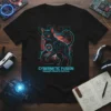 Black t-shirt featuring a cybernetic cat design with "CYBERNETIC FUSION ENHANCED PREDATOR PROTOCOL" text