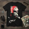 Black t-shirt featuring a white cat in a cyberpunk trench coat with Japanese text "ニンニン" and a red sun graphic