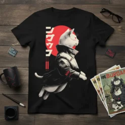Black t-shirt featuring a white cat in a cyberpunk trench coat with Japanese text "ニンニン" and a red sun graphic