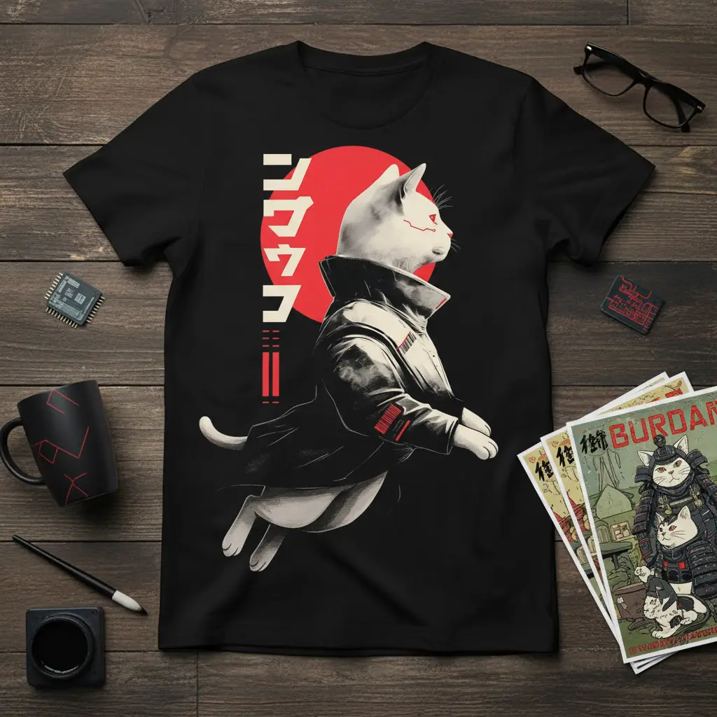 ニンニン Cyberpunk Cat Anime Japanese Streetwear T-Shirt