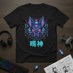 鳴神 cyberpunk fox spirit design with neon accents and geometric patterns on a black t-shirt