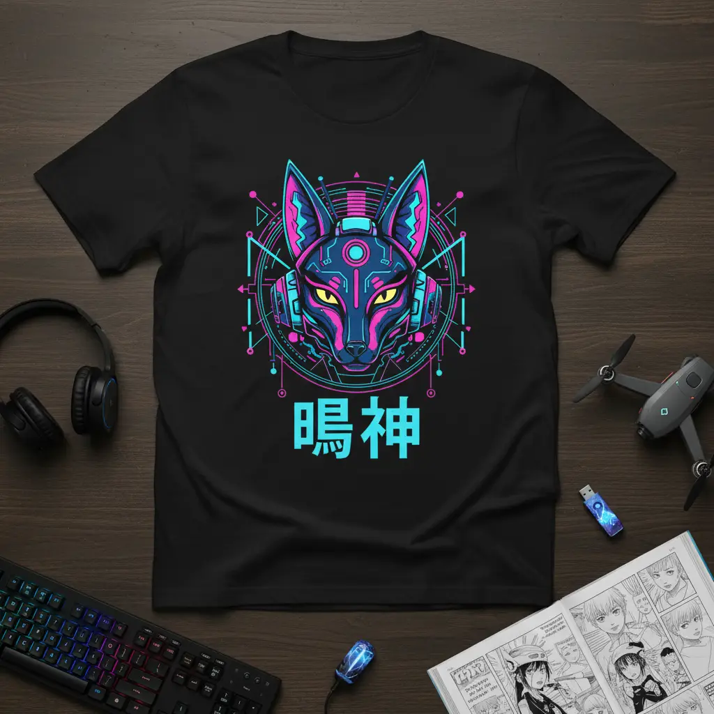 鳴神 Cyberpunk Fox Spirit T-Shirt for Anime Fans