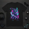 Cyberpunk Samurai Warrior design with a female warrior holding a sword against a neon cityscape background