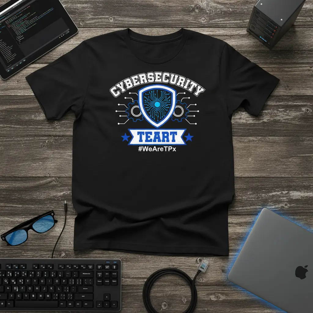 CYBERSECURITY TEART #WeAreTPx design with shield and circuit graphic on a black t-shirt