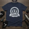 White "Cycling Squad" text and graphic of cyclists riding mountains on a navy blue t-shirt