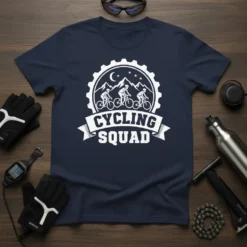 White "Cycling Squad" text and graphic of cyclists riding mountains on a navy blue t-shirt