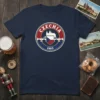 Circular design with "CZECHIA 1993" text, Prague castle graphic, and Czech flag shield on a navy blue t-shirt