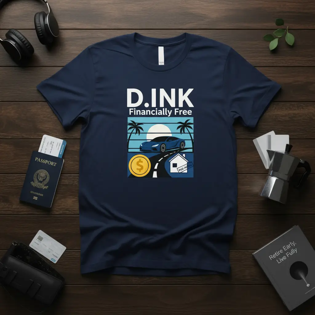 D.INK Financially Free t-shirt design with car, paid-off home, and gold coin symbols