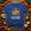 Día De Los Muertos Fiesta Eterna text with skeleton playing guitar graphic on blue t-shirt