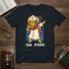 + DA POPE+ text with a dabbing lion dressed as the Pope, wearing a mitre and holding a crosier, on