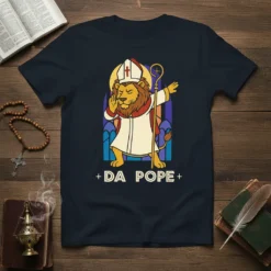 + DA POPE+ text with a dabbing lion dressed as the Pope, wearing a mitre and holding a crosier, on