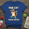 Dab Cat Fresh Moves text with a cool cat dabbing on a skateboard graphic, cartoon style, blue t-shirt