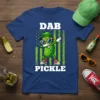 Dab Pickle T-Shirt with a cartoon pickle doing the dab dance in front of an American flag design