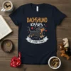 Dachshund Kisses Fix Everything quote with cute dachshund graphic and hearts on a navy t-shirt