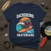 Dachshund skateboard t-shirt design with a dachshund wearing sunglasses surfing a wave with retro sunset background